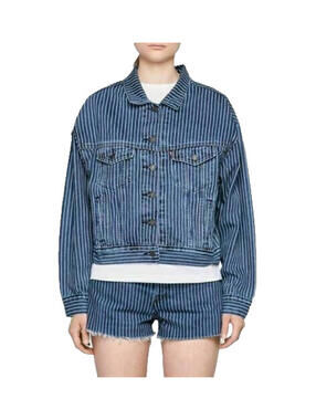 NWT LEVIS x STRANGER THINGS Denim Jean Trucker Jacket Blue Striped Vintage XS